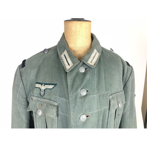 509 - German Third Reich WW2 Army reed green denim Field Service Tunic.  Good scarce four pocket herringbo... 