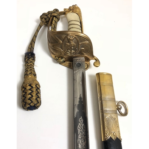 526 - Royal Navy Officer’s sword. A good example, the blade etched with a King's Crowned fouled anchor dev... 