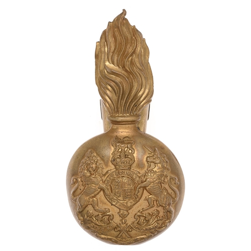 70 - Royal Scots Greys post 1901 bearskin plume holder grenade badge.  Good scarce die-stamped brass flam... 