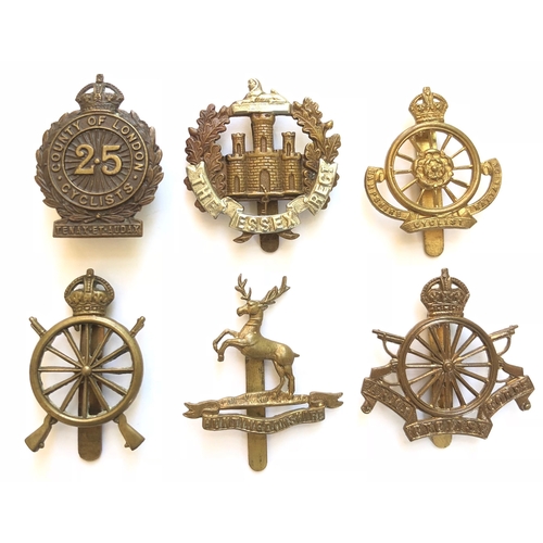 351 - 6 WW1 Cyclist  cap badges.  25th London Bn ... 8th Bn Essex ... 9th Hampshire Bn ... Northern ... Hu... 