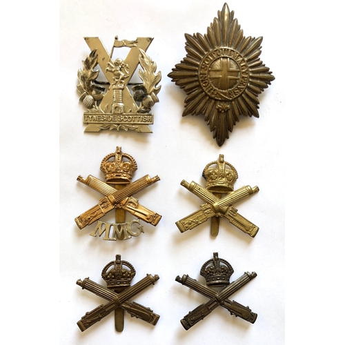 352 - 6 WW1 era cap badges.  Tynside Scottish (both feet on tower) original pinback ... Coldstream Guards ... 