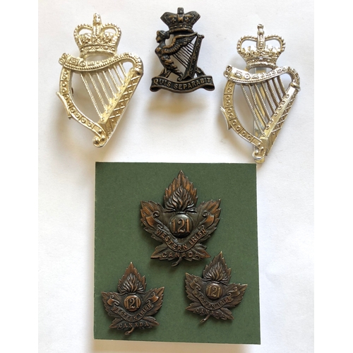 354 - 6 Irish regimental badges.  Royal Irish Rifles Victorian cap badge ... London Irish silvered (with p... 