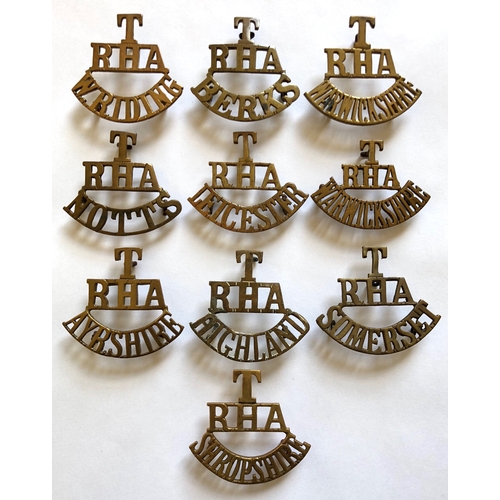 355 - 10 Territorial Royal Horse Artillery brass shoulder title badges c1908-20.  T / RHA / W.RIDING ... T... 