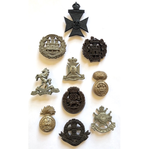 359 - 10 WW2 plastic economy cap badges.  Northamptonshire ... KRRC ... Essex ... Royal West Kent ... Wilt... 