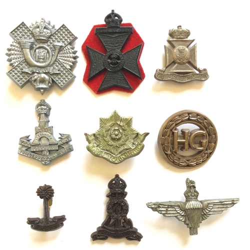 360 - 9 WW2 plastic economy cap badges.  HLI ... KRRC ... Wiltshire ... Green Howards ... East Yorkshire (... 