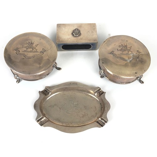 430 - Selection of Regimental Crested Hallmarked Silver.  Monmouthshire Regiment Pair of Silver Trinket Bo... 