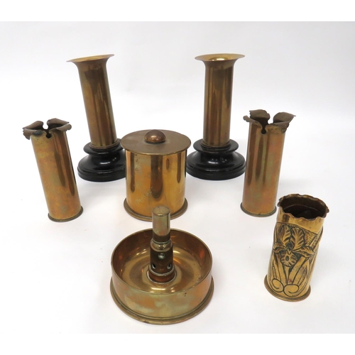 136 - Selection Of Trench Art
including pair of brass shells forming vases and mounted on turned wooden ba... 