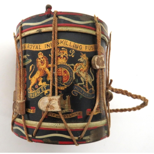 141 - Royal Inniskilling Fusiliers Miniature Drum
brass, miniature drum with cord stringing.  Well pa... 