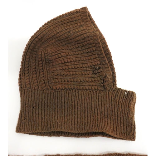 161 - WW1 Pattern Balaclava Helmet And Separate Scarf
brown woollen, knitted, multi panel, cold weather ba... 