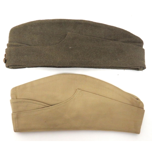 166 - Two WW2 Field Service Caps
consisting khaki woollen example.  Two, front, brass General List bu... 
