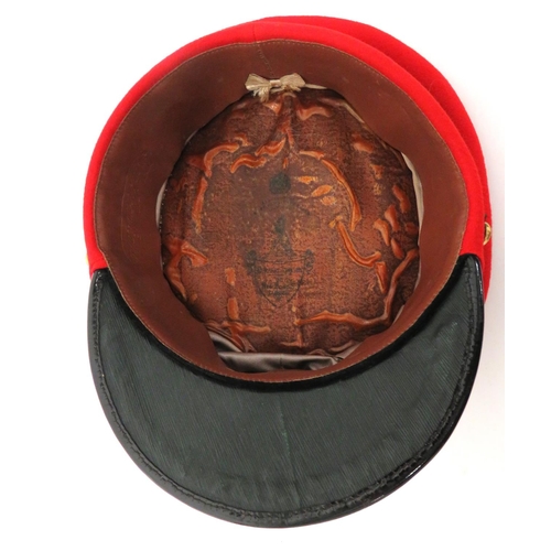 175 - 10th Royal Hussars Field Officer's Dress Cap
scarlet crown and body.  Black patent peak with gi... 