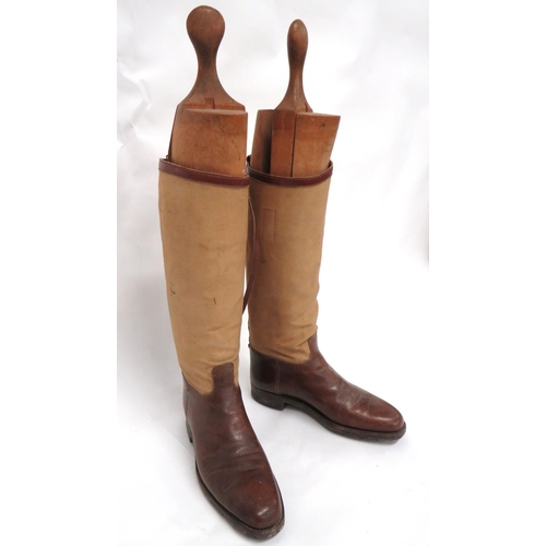 229 - Pair Of WW1 Period Canvas Topped Trench Boots
brown leather shoe section.  Tan canvas, upper le... 