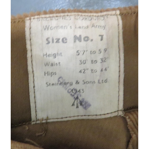 286 - Pair WW2 Dated Women's Land Army Cord Breeches
tan corduroy, wide leg breeches.  Side, waist fa... 