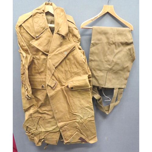 289 - WW2 Dispatch Rider's Coat And Over Trousers
consisting khaki canvas, rubberised, double breasted lon... 