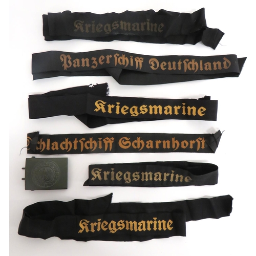 336 - Six German Naval Cap Tallies And Wehrmacht Buckle
tallies include Kriegsmarine ... Panzerschiff Deut... 