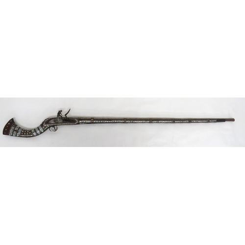 371 - 19th Century Indian Flintlock Jezail Musket
51 inch, smoothbore barrel with flare out muzzle.  ... 