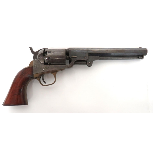 Model 1851 Manhattan Firearms New York Revolver
.36 cal, 6 1/2 inch, blued octagonal barrel.  Front blade sight.  Top flat marked "Manhattan Fire Arms MFG Co New York".  Lower loading rod.  Five shot cylinder with floral edged cartouche panel engraving.  Steel body.  Steel spur hammer.  Brass trigger guard and grip frame.  Polished wooden grips.  Matching serial number "3171".  Action with minor fault.  