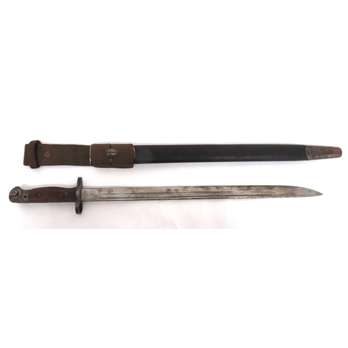 British 1907 Pattern SMLE Bayonet, Royal Air Force Issue
17 1/2 inch, single edged blade with fuller.  Forte with maker "Wilkinson" dated "2/18".  Steel muzzle ring, crossguard and pommel, this marked "RAF.ID 3869".  Polished wooden slab grips.  Contained in its leather scabbard with steel mounts.  The throat stamped "RAF".  Complete with its 1925 pattern RAF webbing frog.  