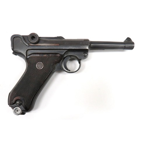 388 - Deactivated 4 Inch German Luger Dated 1940
9 mm, 4 inch, blackened barrel.  Front blade sight.  Blac... 