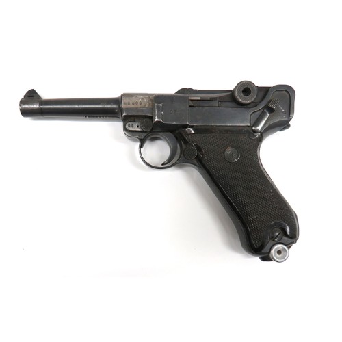 388 - Deactivated 4 Inch German Luger Dated 1940
9 mm, 4 inch, blackened barrel.  Front blade sight.  Blac... 