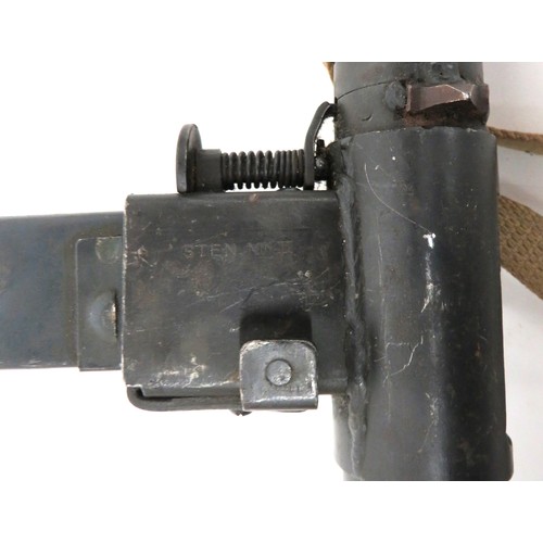 396 - Deactivated MK2 Sten Gun
9 mm, 7 1/2 inch barrel.  Short barrel shroud.  Front blade sight.  Steel m... 