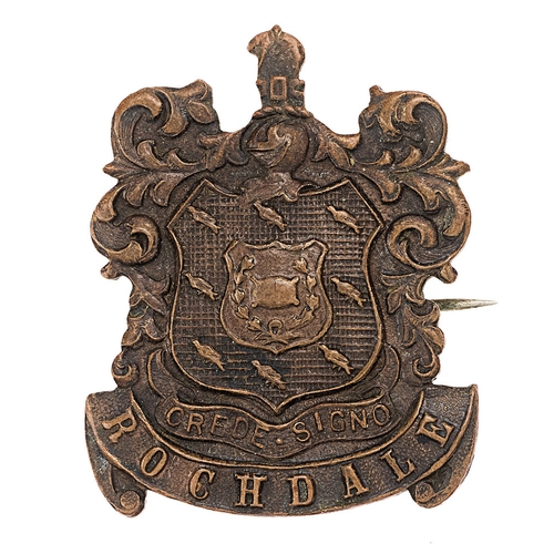 117 - Rochdale Volunteer Training Corps WWI cap badge.  Good scarce die-cast bronze Arms on ROCHDALE scrol... 