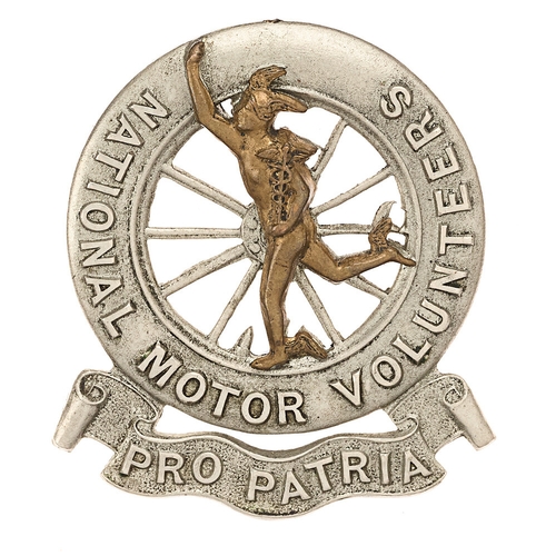 123 - National Motor Volunteers WW1 VTC cap badge.  Good scarce die-stamped brass figure of Mercury mounte... 