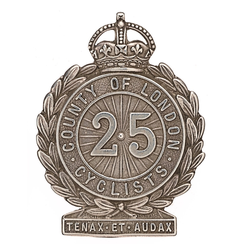 142 - 25th (County of London) (Cyclists) Bn. The London Regiment Officer's silver cap badge c. 1908-20.  F... 