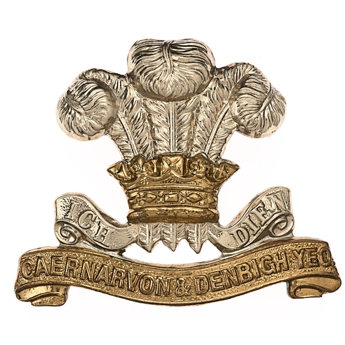 150 - Caernarvon & Denbigh Yeomanry Welsh cap badge.  Good rare white metal Prince of Wales's plumes and m... 