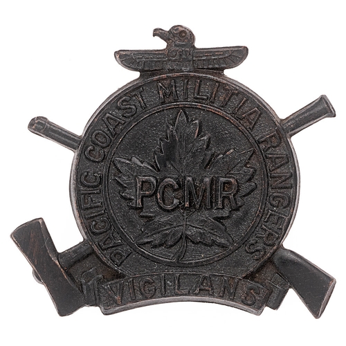 159 - Pacific Coast Militia Rangers Canadian WW2 cap badge.  Good scarce thin die-stamped bronzed title ci... 