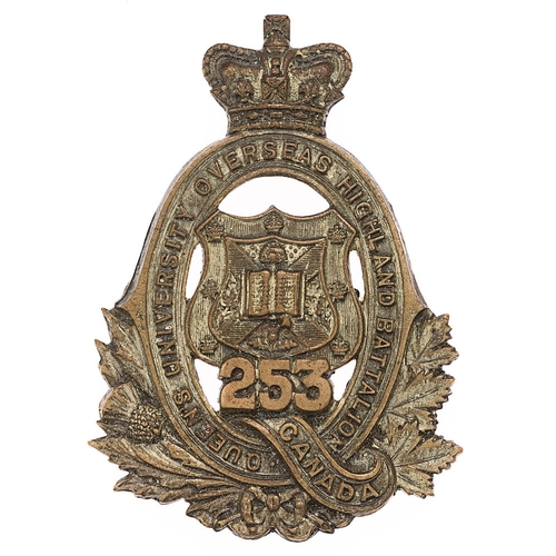 164 - 253rd (Queen's University Overseas Highland) Bn. CEF WW1 Canadian cap badge.  Good scarce die-stampe... 