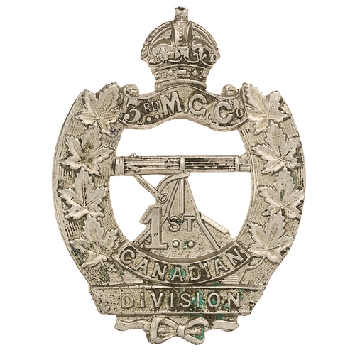 166 - 3rd Machine Gun Company 1st Canadian Division WW1 CEF cap badge.  Good scarce die-stamped white meta... 