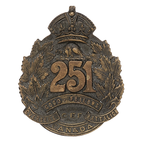 175 - 251st (Good Fellows) Bn.  CEF WW1 Canadian cap badge.  Good scarce die-stamped bronze crowned Maple ... 