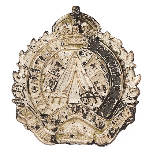 183 - Valcartier Camp P.O. (Province of Quebec) WWI Canadian cap badge.  Good rare die-stamped silvered cr... 