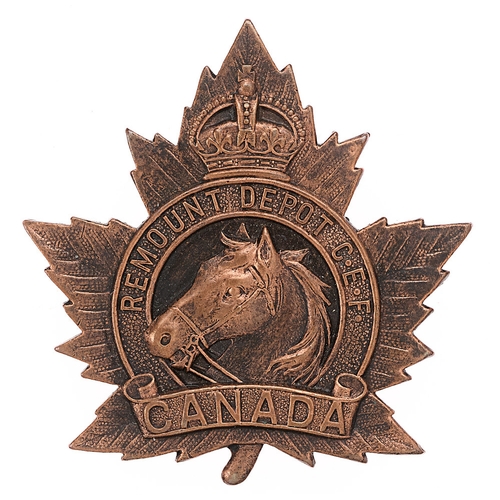 185 - Canadian Remount Depot CEF WW1 cap badge.  Good scarce die-cast copper bronze Maple leaf bearing cro... 