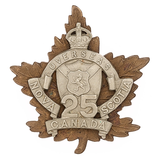 186 - 25th Battalion CEF WW1 Canadian Officer's cap badge.  Good scarce die-stamped bronzed Maple leaf wit... 