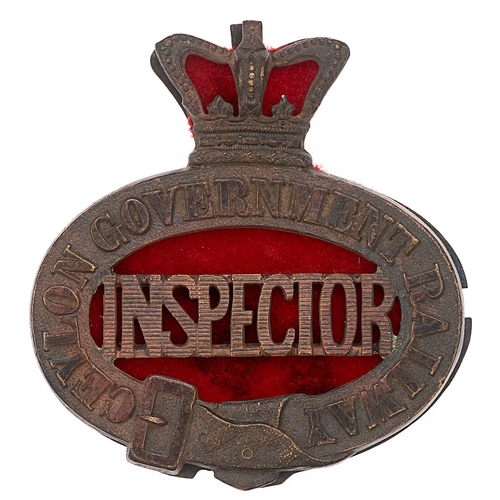 197 - Ceylon Government Railway Victorian Inspector cap badge.  Good scarce die-stamped brass crowned titl... 