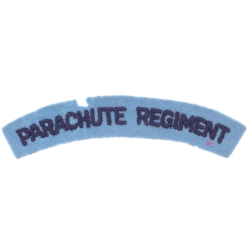 254 - PARACHUTE REGIMENT WW2  cloth embroidered post 1942 shoulder title.  Good scarce light blue sans-ser... 