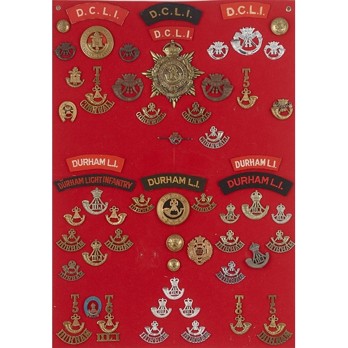 300 - DCLI and DLI badges, shoulder titles etc.  Board with good display of approx. 69 metal and cloth ins... 