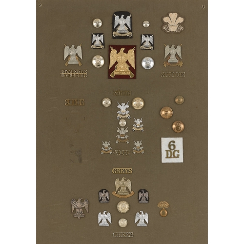 306 - Cavalry badges, shoulder titles etc.  Board with good display of approx. 39 metal insignia including... 