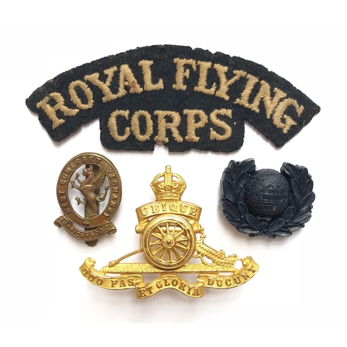 311 - RFC cloth title, W. Somerset Yeo cap badge etc.  ROYAL FLYING over CORPS white embroidered on black ... 