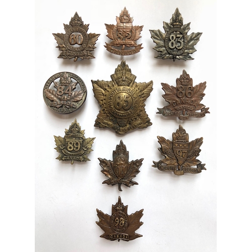 319 - 10 Canadian WW1 CEF cap badges.  80th ... 82nd (D.E. BLACK & CO CALGARY) ... 83rd (ELLIS BROS) ... 8... 