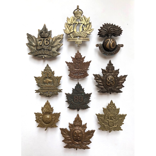 320 - 10 Canadian WW1 CEF cap badges.  76th (TIPTAFT B'HAM) ... 77th ... 78th ... 79th ... 81st ... 83rd (... 