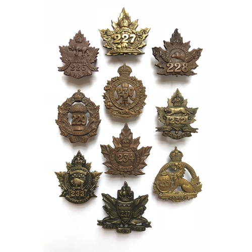 321 - 10 Canadian WW1 CEF cap badges.  226th ... 227th ... 228th (BAILEY) ... 229th (CRIGHTONS MOOSE JAW) ... 