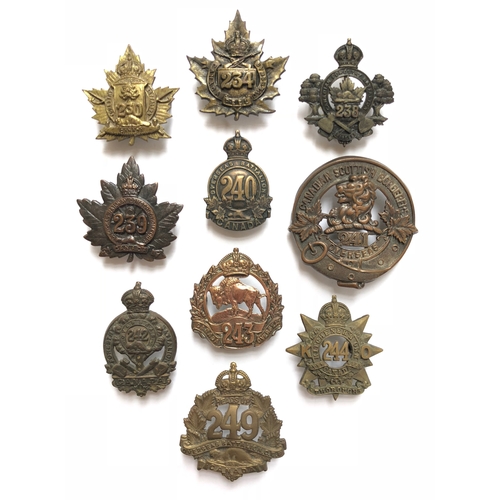 322 - 10 Canadian WW1 CEF cap badges.  230th ... 234th ... 238th ... 239th ... 240th ... 241st (faint ELLI... 