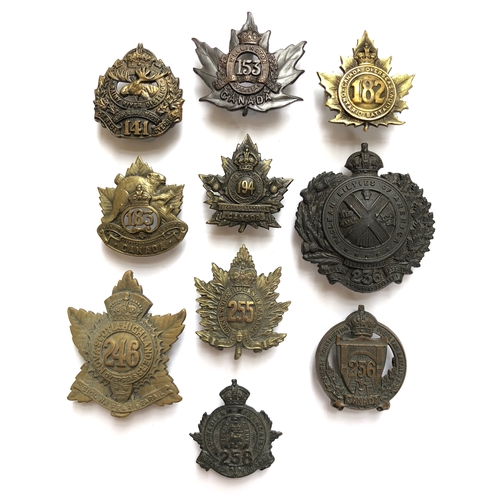 323 - 10 Canadian WW1 CEF cap badges.  141st ... 153rd (PW ELLIS & CO 1916) ... 182nd ... 183th ... 194th ... 