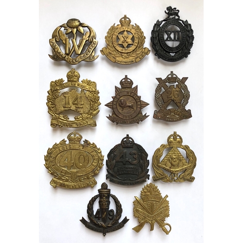 325 - 11 Australian military pre 1942 slouch hat badges.  4th ... 10th ... 12th ... 14th ... 15th ... 26th... 