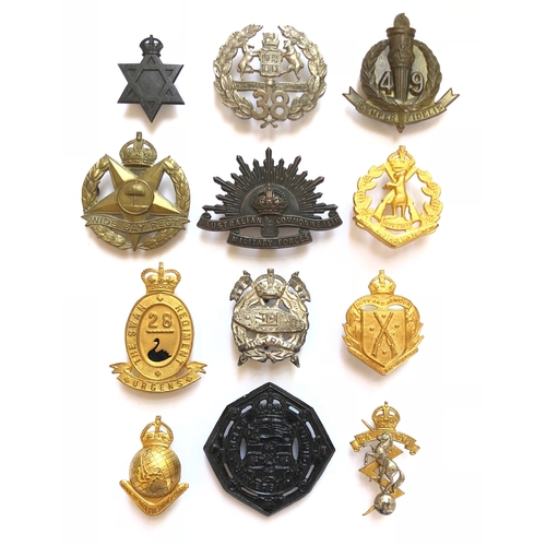 329 - 12 Australian Corps slouch hat badges.  Jewish Chaplain ...  38th ... 49th ... Wide Bay Regt ... Ris... 