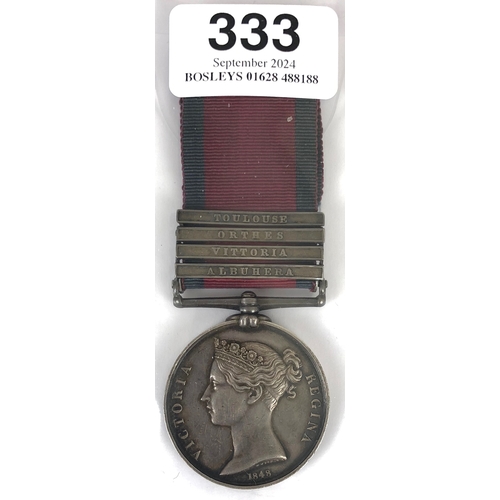 333 - 13th Light Dragoons four clasp Military General Service Medal.   Awarded to THOMAS HANDCOCK 13TH LIG... 