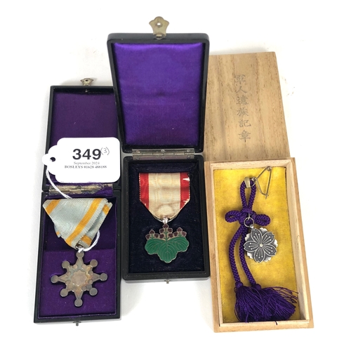 349 - 3 cased Japanese awards.  Order of the Sacred Treasure 7th class in lacquered presentation case ... ... 